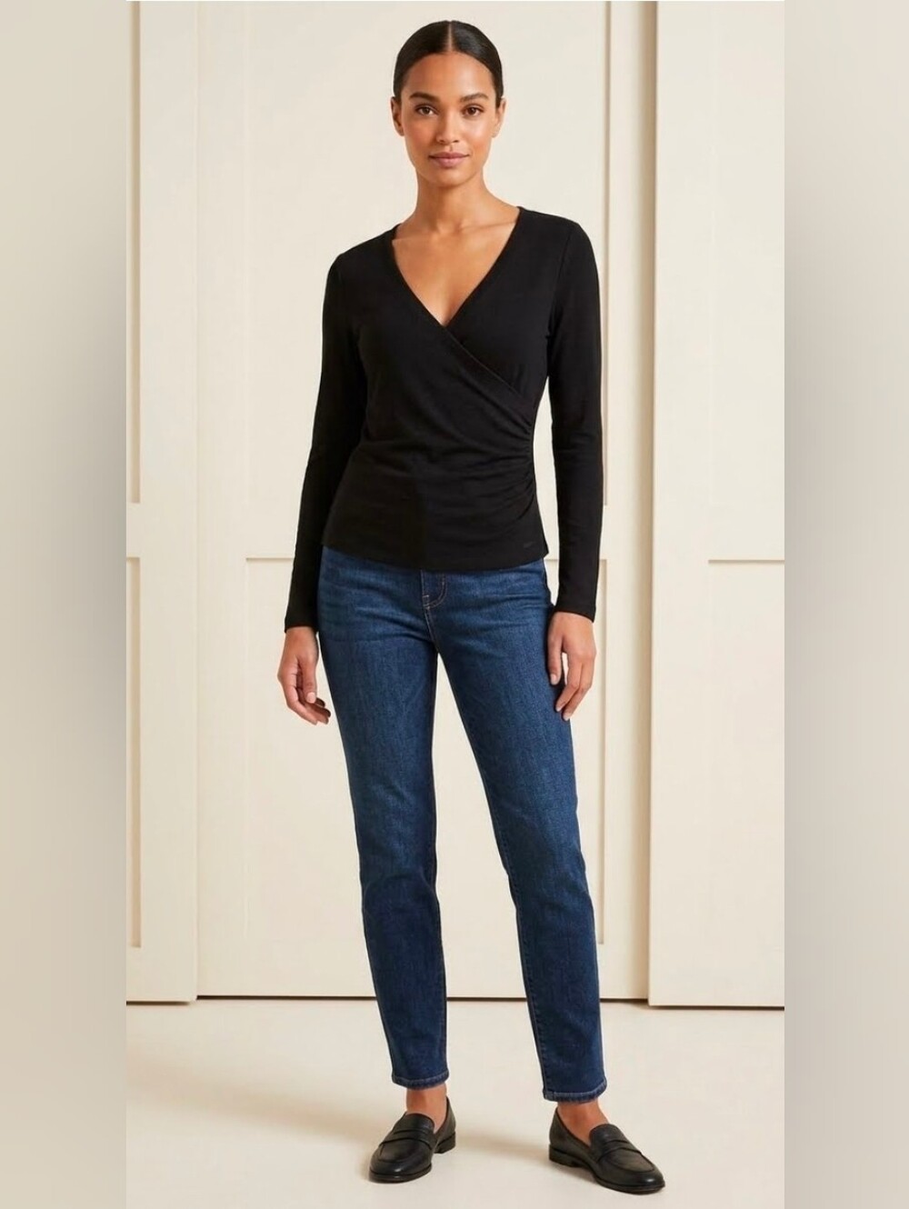 LOFT Black Faux Wrap Ruched Long Sleeve Top Size Small